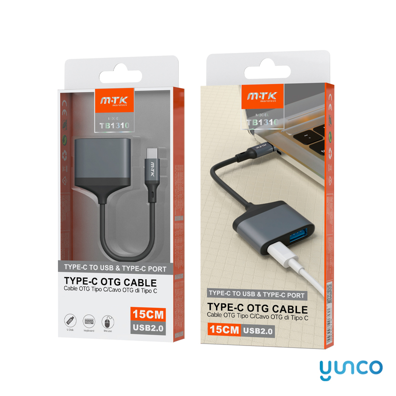 Cable OTG 2 En 1 Tipo C, a Carga Tipo C +USB2.0 , 0,15M, Negro