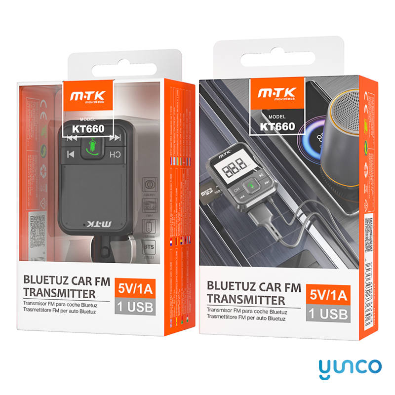 Transmisor FM 2 in 1 Con Cargador de USB, Bluetooth/SD Card/Audio, Color Negro