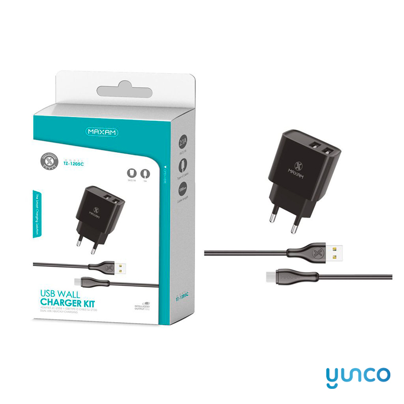 TZ-1205C Black 2USB72.1A 1M Tipo C Wall Charger Pack