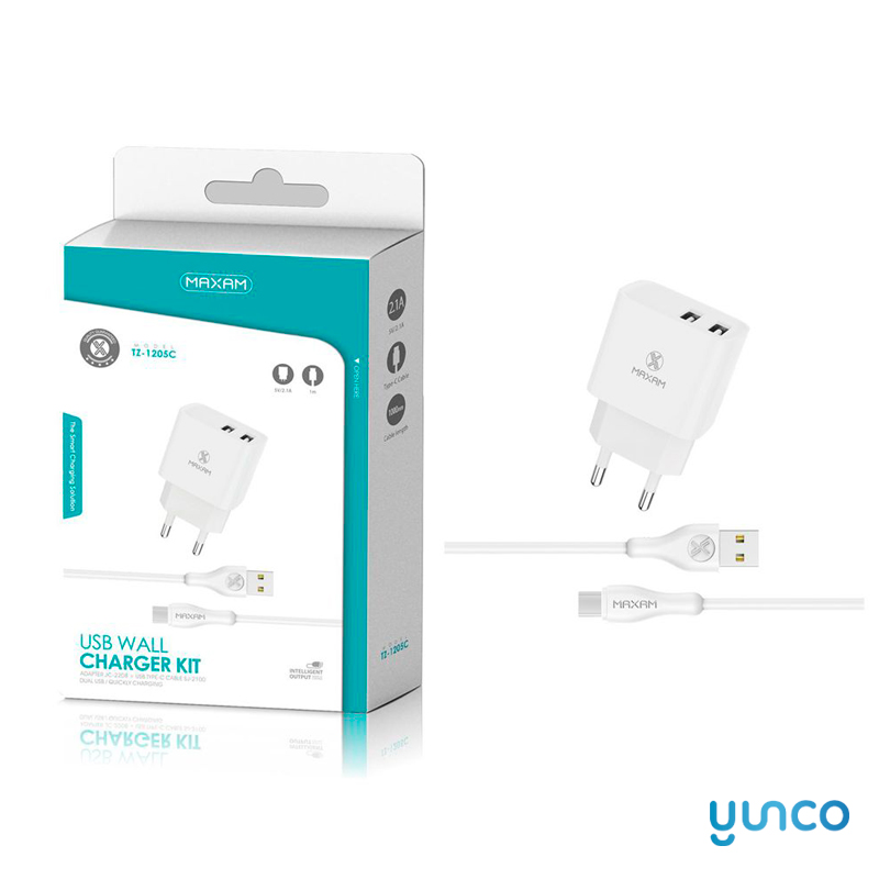 TZ-1205C White 2USB/2.1A 1M Tipo C Wall Charger Pack